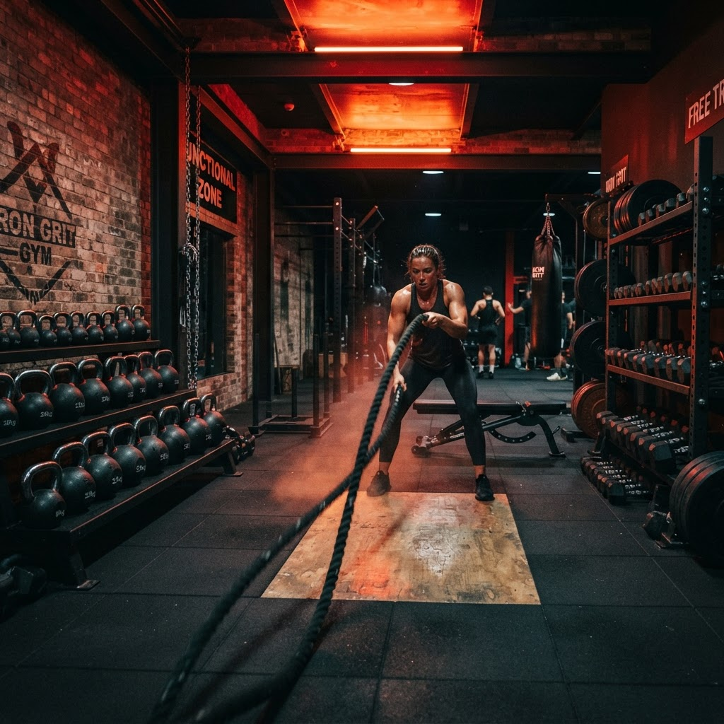 Área de treino funcional com kettlebells e cordas