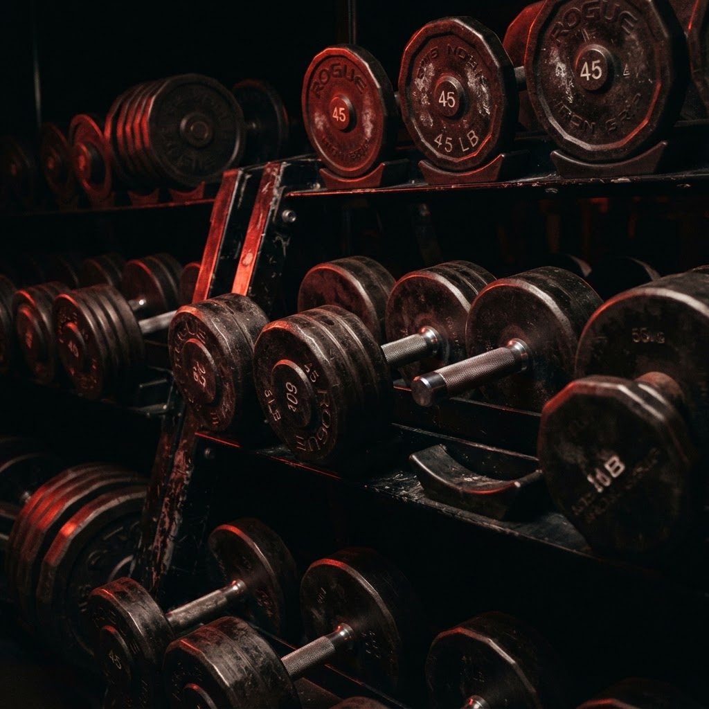 Halteres e anilhas em rack na academia